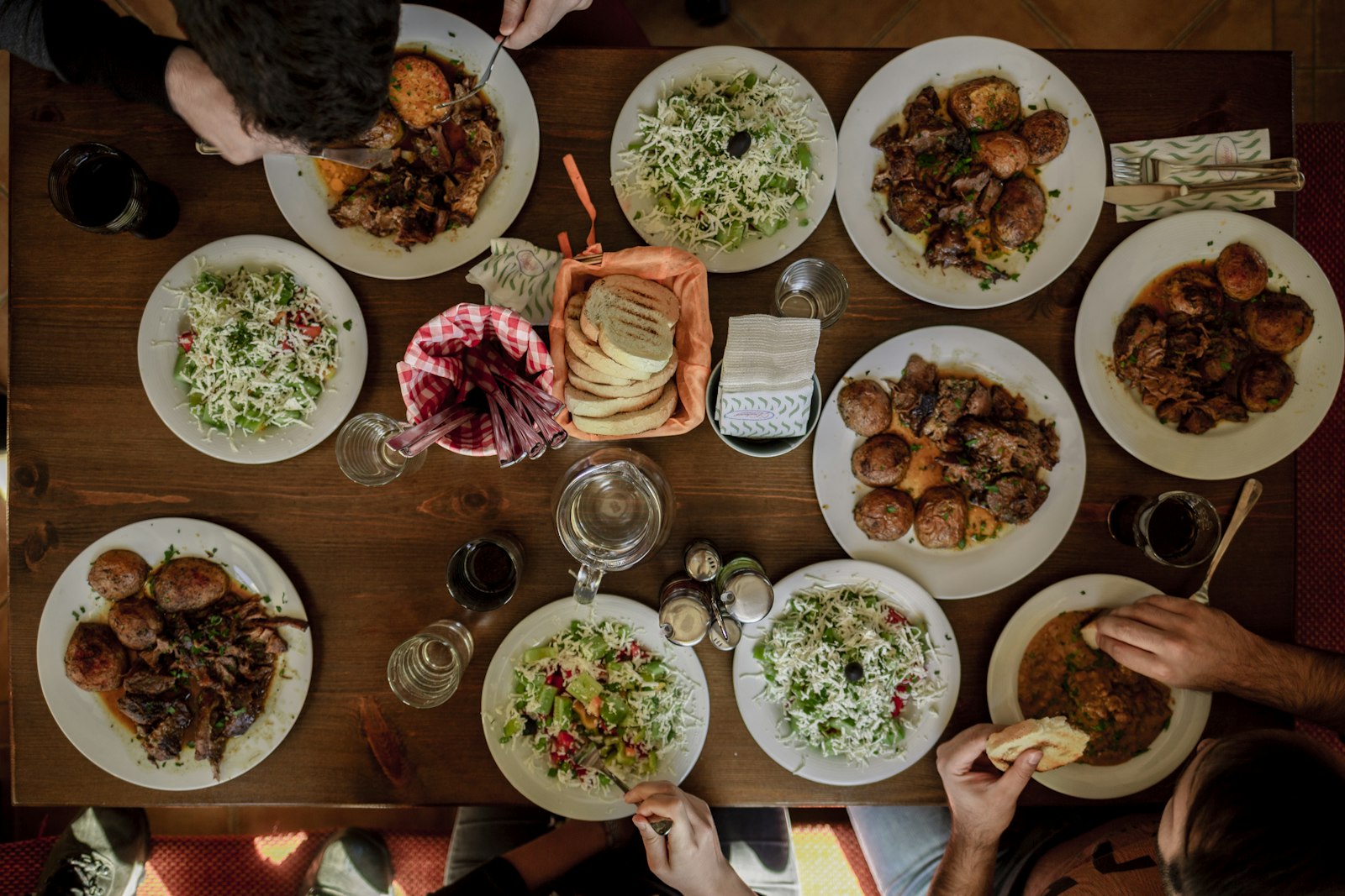 Rustic family-style feast table, overhead