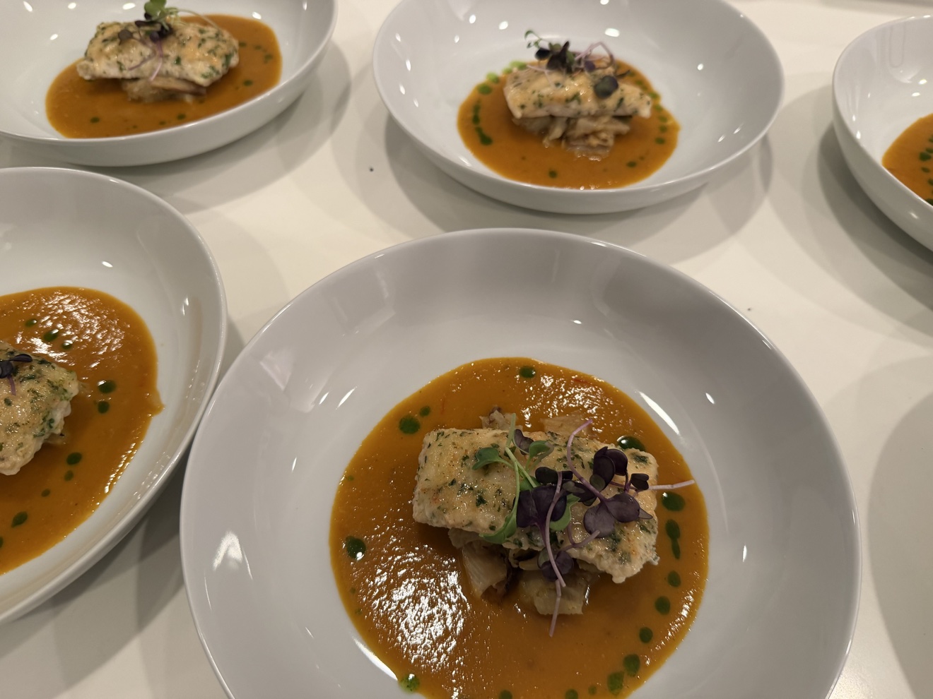 Herb-crusted fish over butternut squash sauce with microgreens