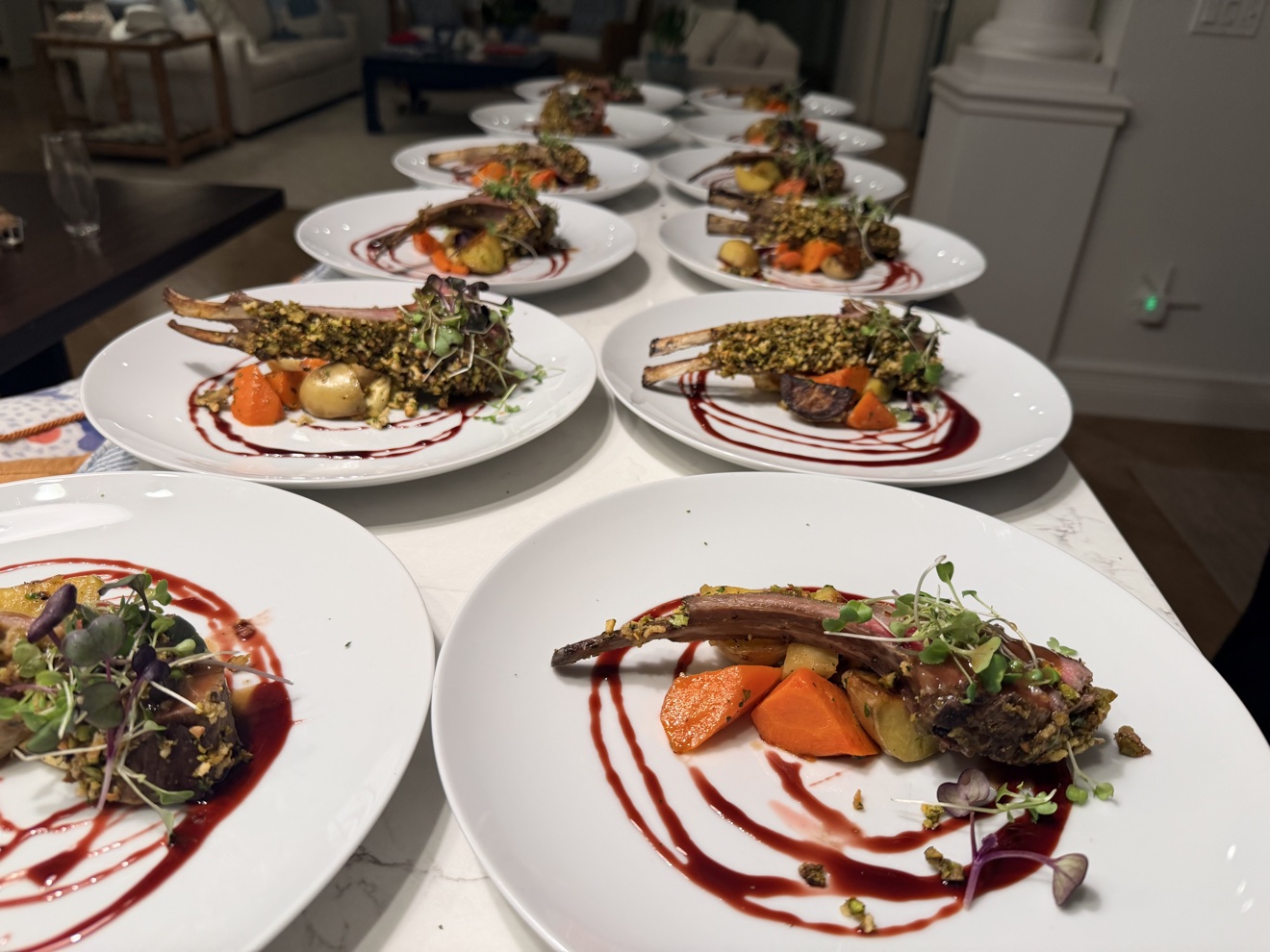 Pistachio-crusted rack of lamb plated by Chef Tony